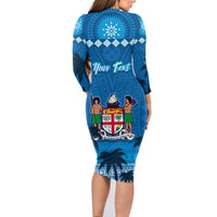 Blue long-sleeve midi dress, back print with crest and 'Your Text' panel