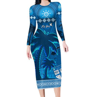 Blue long-sleeve midi dress with palm tree motif and tapa pattern