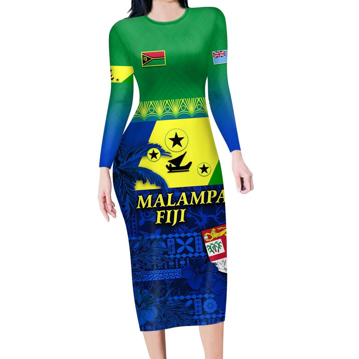 custom-personalised-malampa-fiji-day-long-sleeves-dress-vanuatu-polynesia-mix-flowers