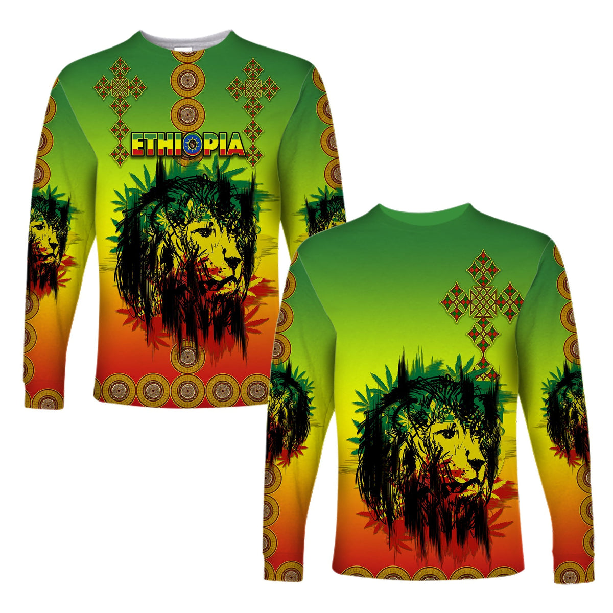 Ethiopia Long Sleeve Shirt Cross Mix Lion Colorful Style - Wonder Print Shop