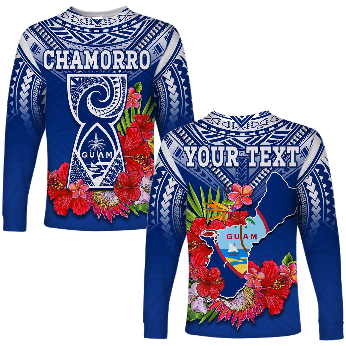 Custom Personalised Guam Chamorro Long Sleeve Shirt Guaman Latte Stone Tropical Flowers Blue Version - Wonder Print Shop