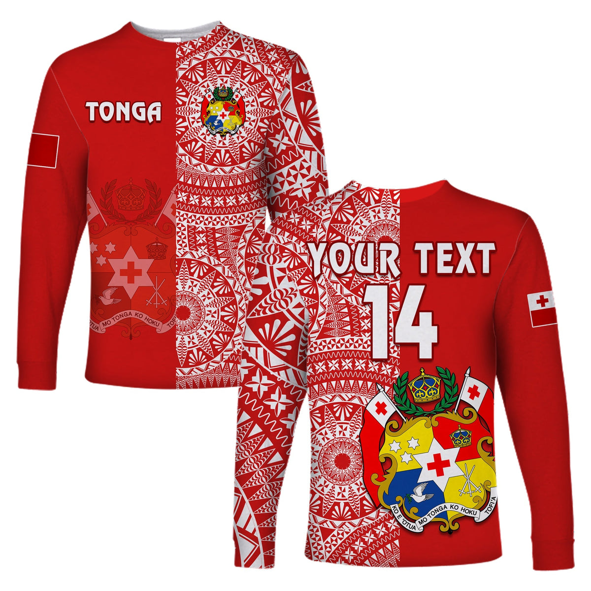 Custom Text And Number Tonga Long Sleeve Shirt Tongan Coat Of Arms Ngatu Pattern - Wonder Print Shop