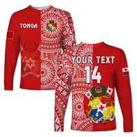 Custom Text And Number Tonga Long Sleeve Shirt Tongan Coat Of Arms Ngatu Pattern - Wonder Print Shop