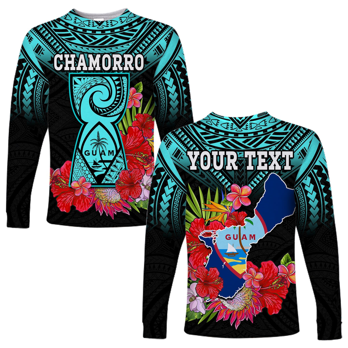 Custom Personalised Guam Chamorro Long Sleeve Shirt Guaman Latte Stone Tropical Flowers Turquoise Style - Wonder Print Shop