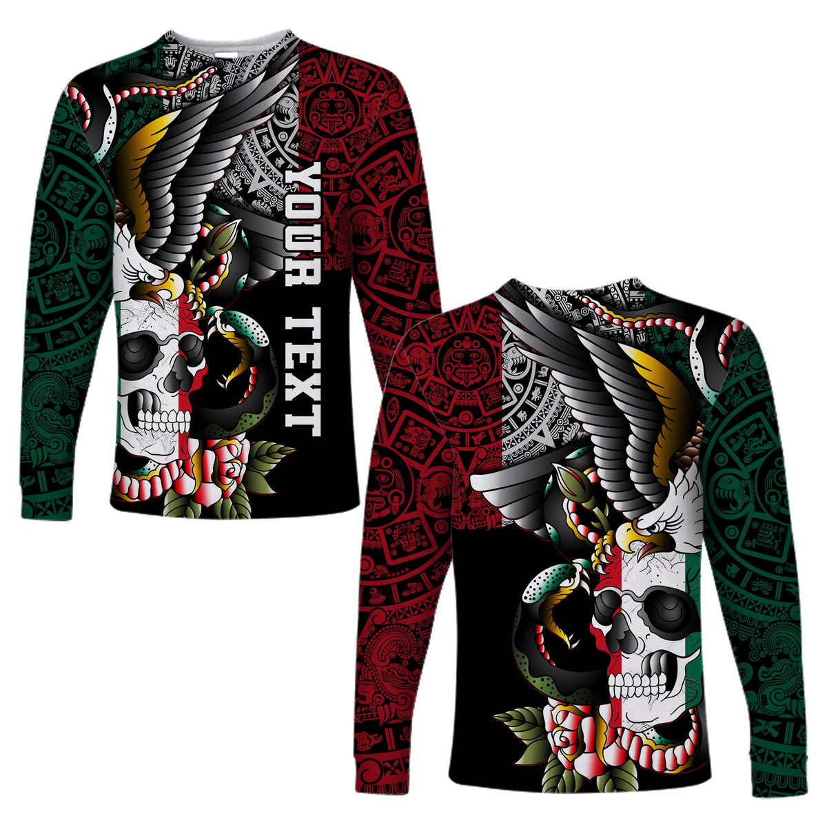 (Custom Personalised) Mexico Long Sleeve Shirt Mexican Skull Eagle With Angry Snake - Wonder Print Shop