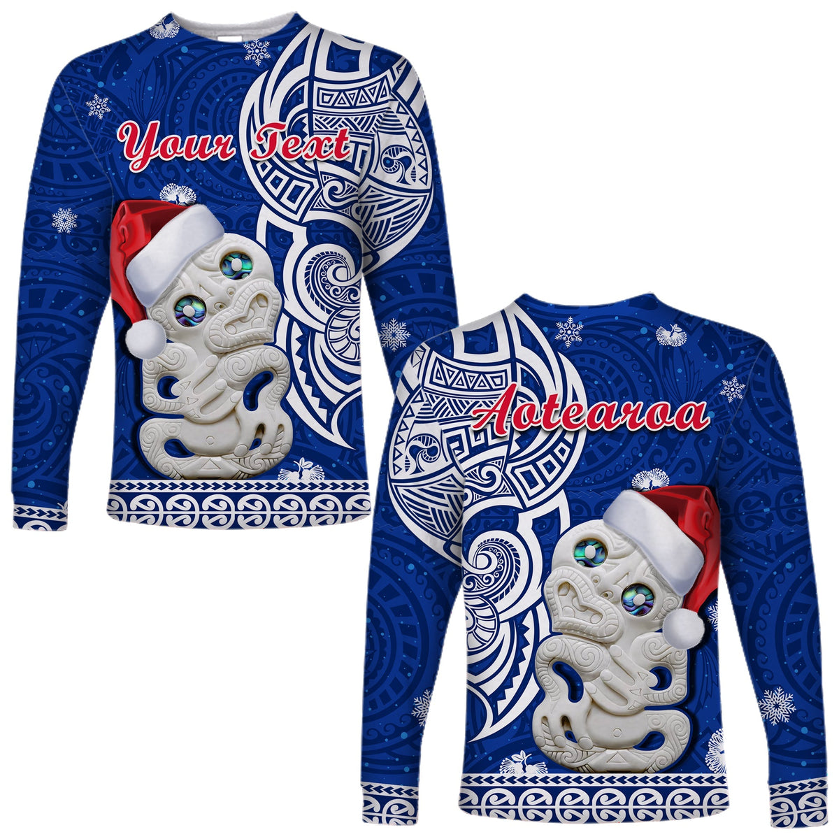 Custom Personalised New Zealand Christmas Long Sleeve Shirt Hei Tiki Blue Pohutukawa Meri Kirihimete - Wonder Print Shop
