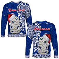 Custom Personalised New Zealand Christmas Long Sleeve Shirt Hei Tiki Blue Pohutukawa Meri Kirihimete - Wonder Print Shop
