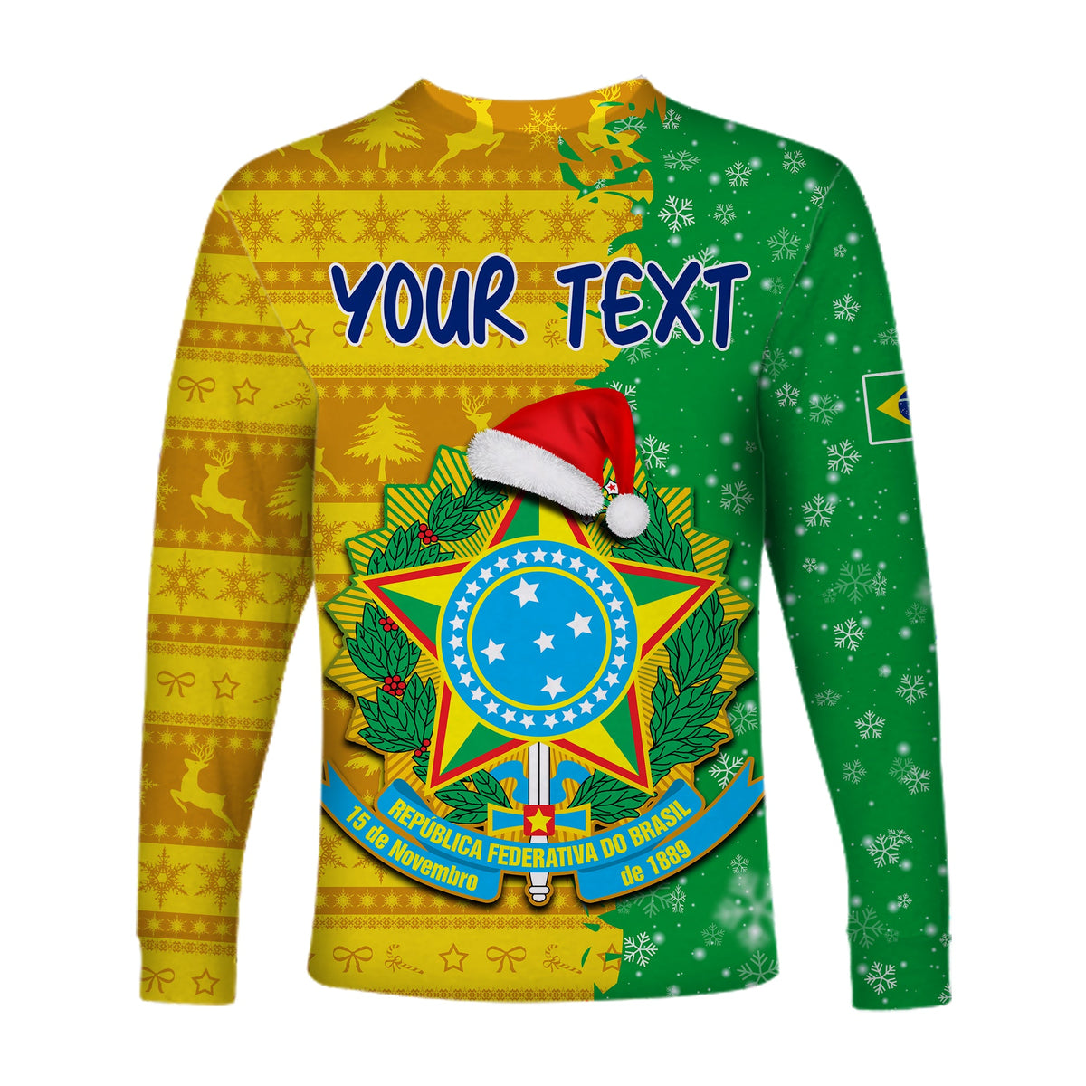Long sleeve football shirt, green and yellow with Brazil crest and red Santa hat