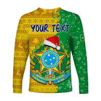 Long sleeve football shirt, green and yellow with Brazil crest and red Santa hat