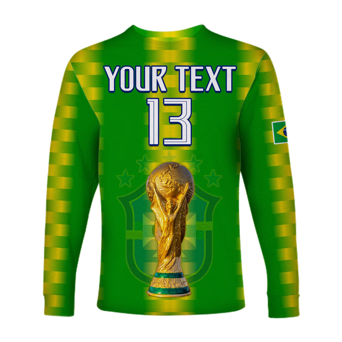Green long sleeve football shirt with YOUR TEXT, number 13, and golden trophy print