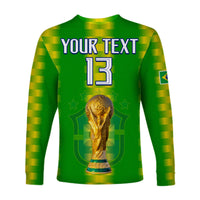 Green long sleeve football shirt with YOUR TEXT, number 13, and golden trophy print