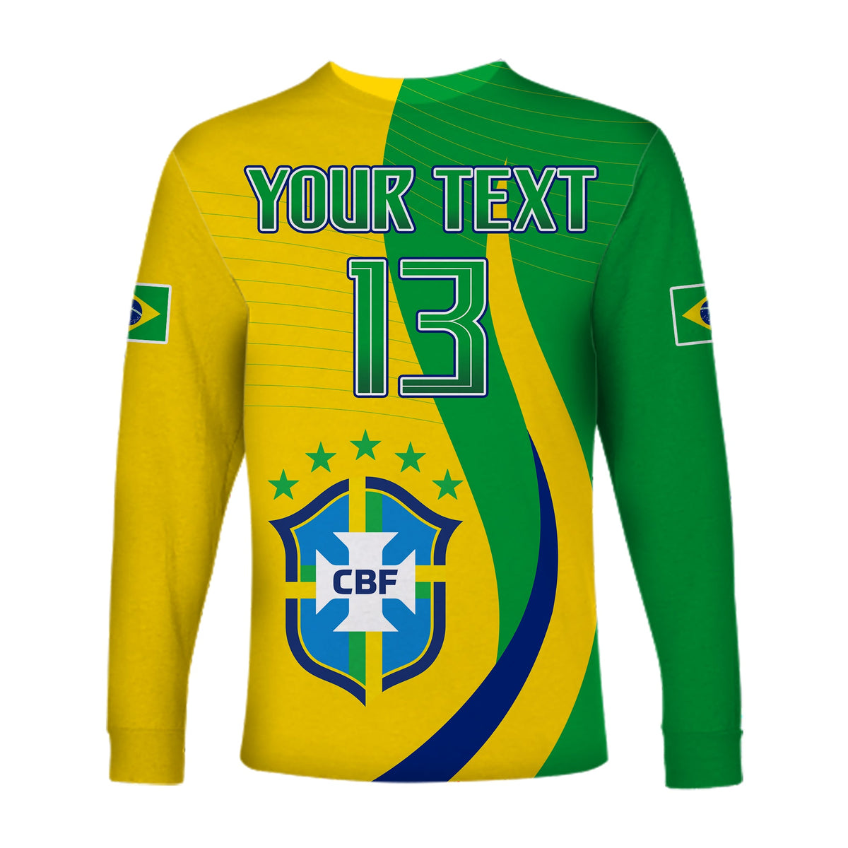 Brazil football long-sleeve shirt, green and yellow, 'YOUR TEXT' 13 with CBF crest