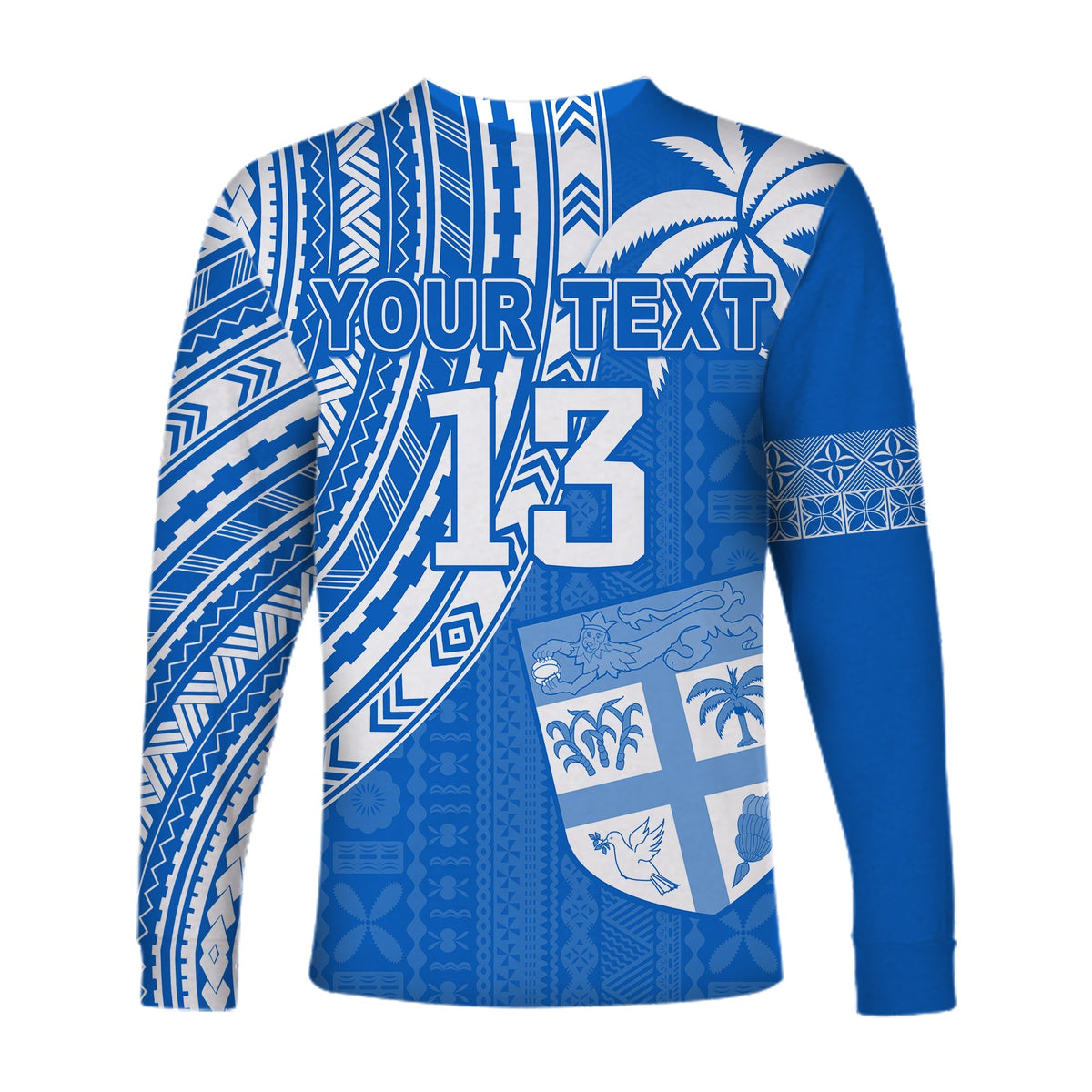 Custom Text and Number Fiji Rugby Sevens Long Sleeve Shirt Fijian 7s Tapa Polynesian Blue Ver.01 LT13 - Wonder Print Shop