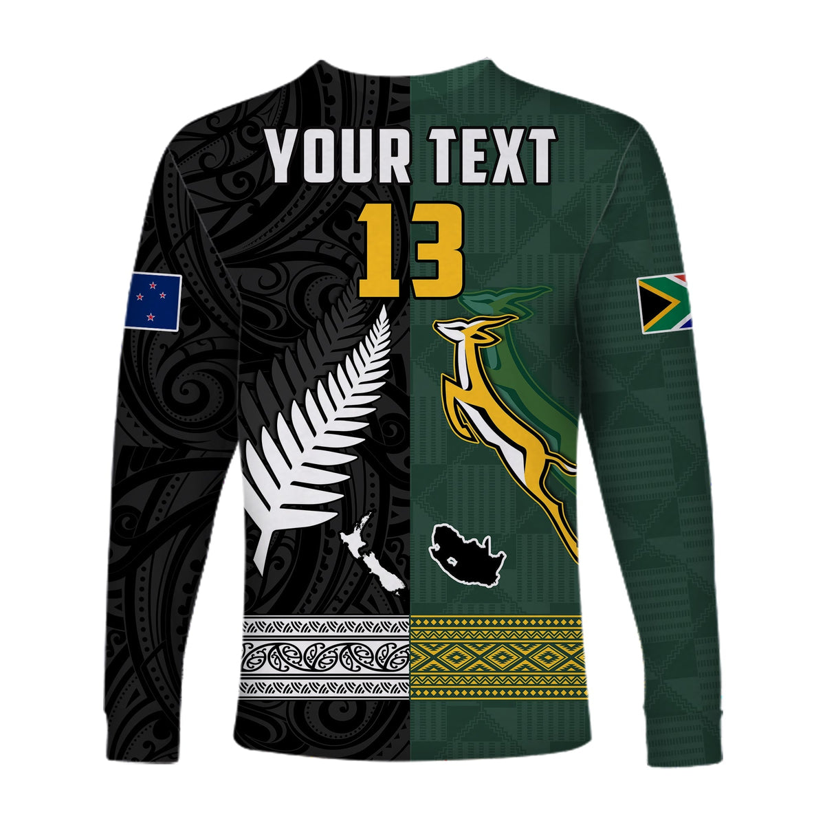 Long-sleeve rugby shirt in green/black with YOUR TEXT 13 on back, fern and petal motifs