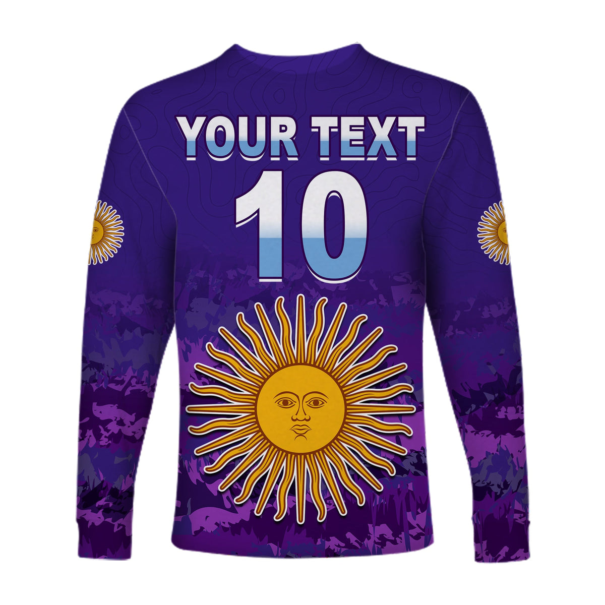 Purple long-sleeve football shirt with number 10, custom text, and sun face design