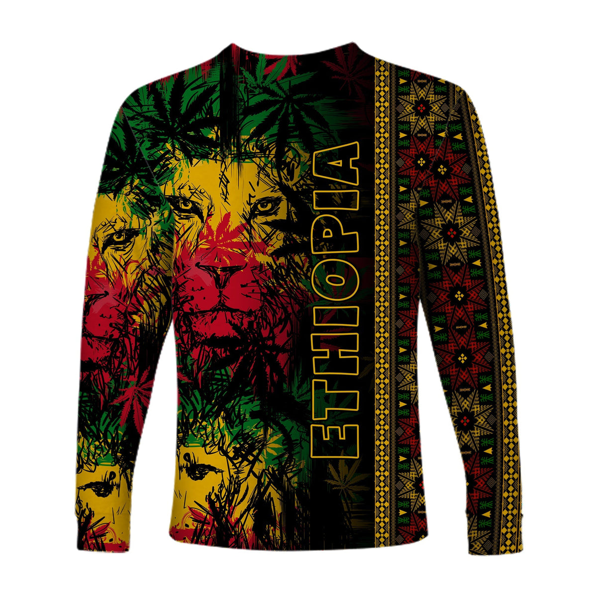 Ethiopia Lion Reggae Long Sleeve Shirt Ethiopian Cross LT13 - Wonder Print Shop