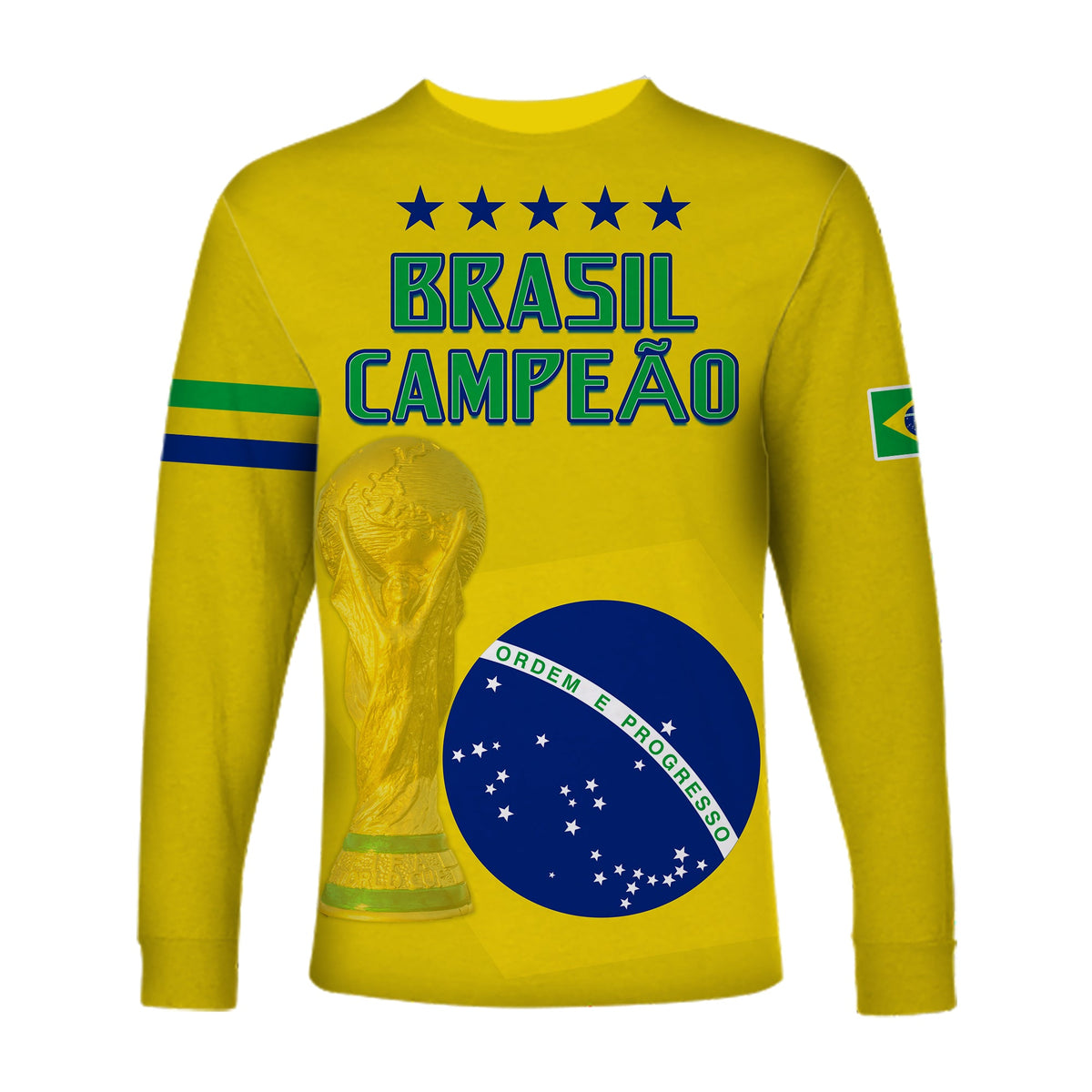 Yellow Brazil football long-sleeve jersey back with BRASIL CAMPEAO text and star graphic