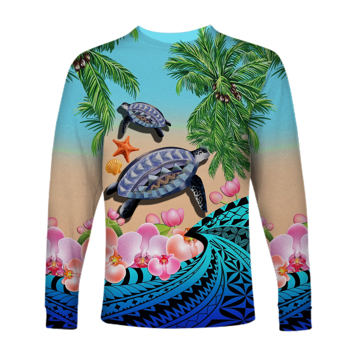 Polynesian Turtle Coconut Tree And Orchids Long Sleeve Shirt - Wonder Print Shop