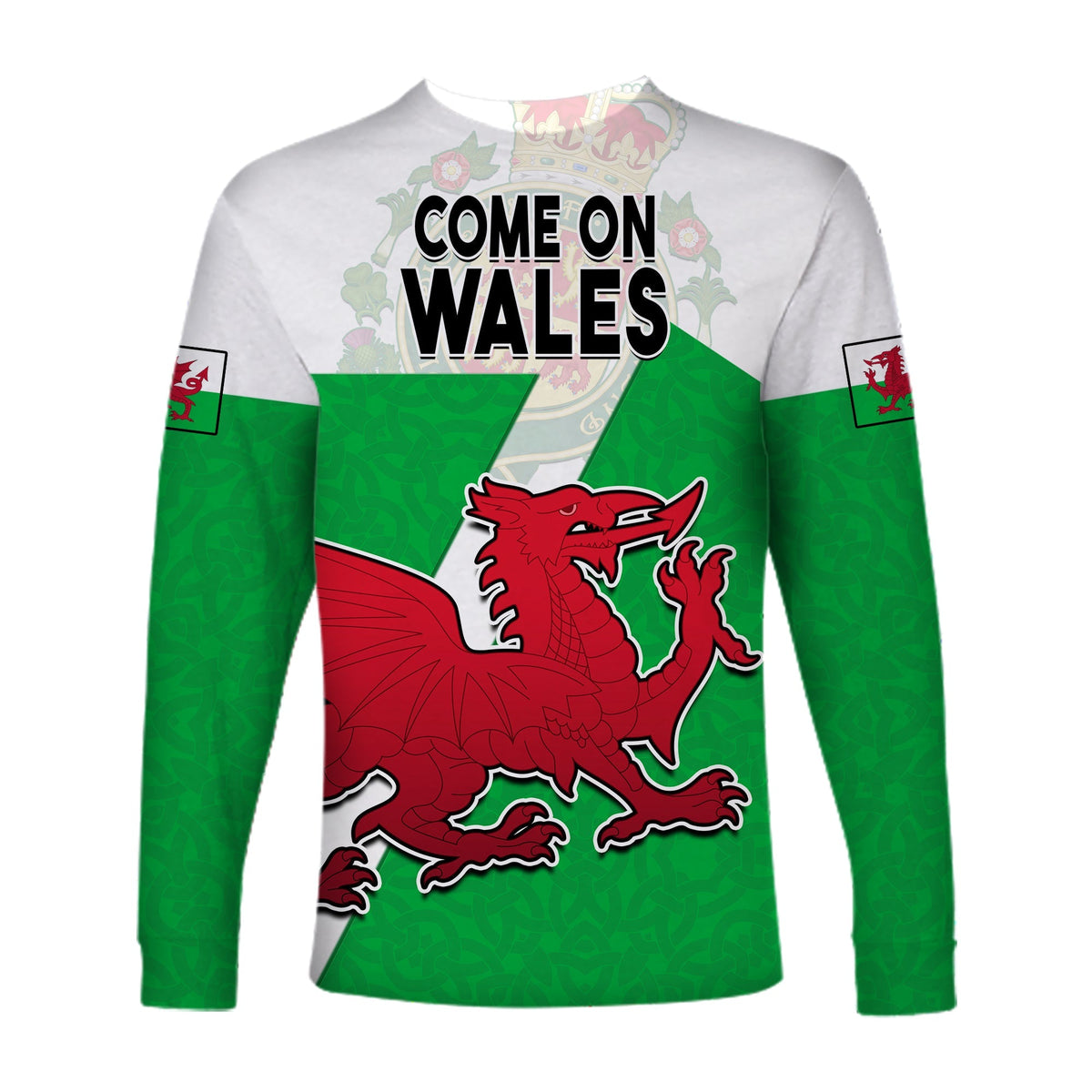 Wales Football Long Sleeve Shirt Come On Welsh Dragons With Celtic Knot Pattern - Wonder Print Shop