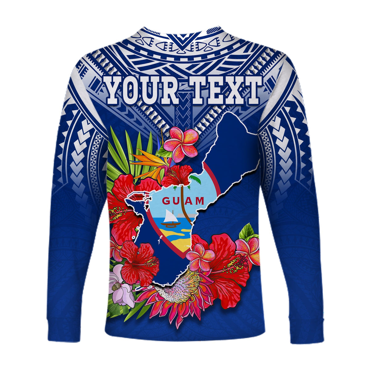 Custom Personalised Guam Chamorro Long Sleeve Shirt Guaman Latte Stone Tropical Flowers Blue Version - Wonder Print Shop