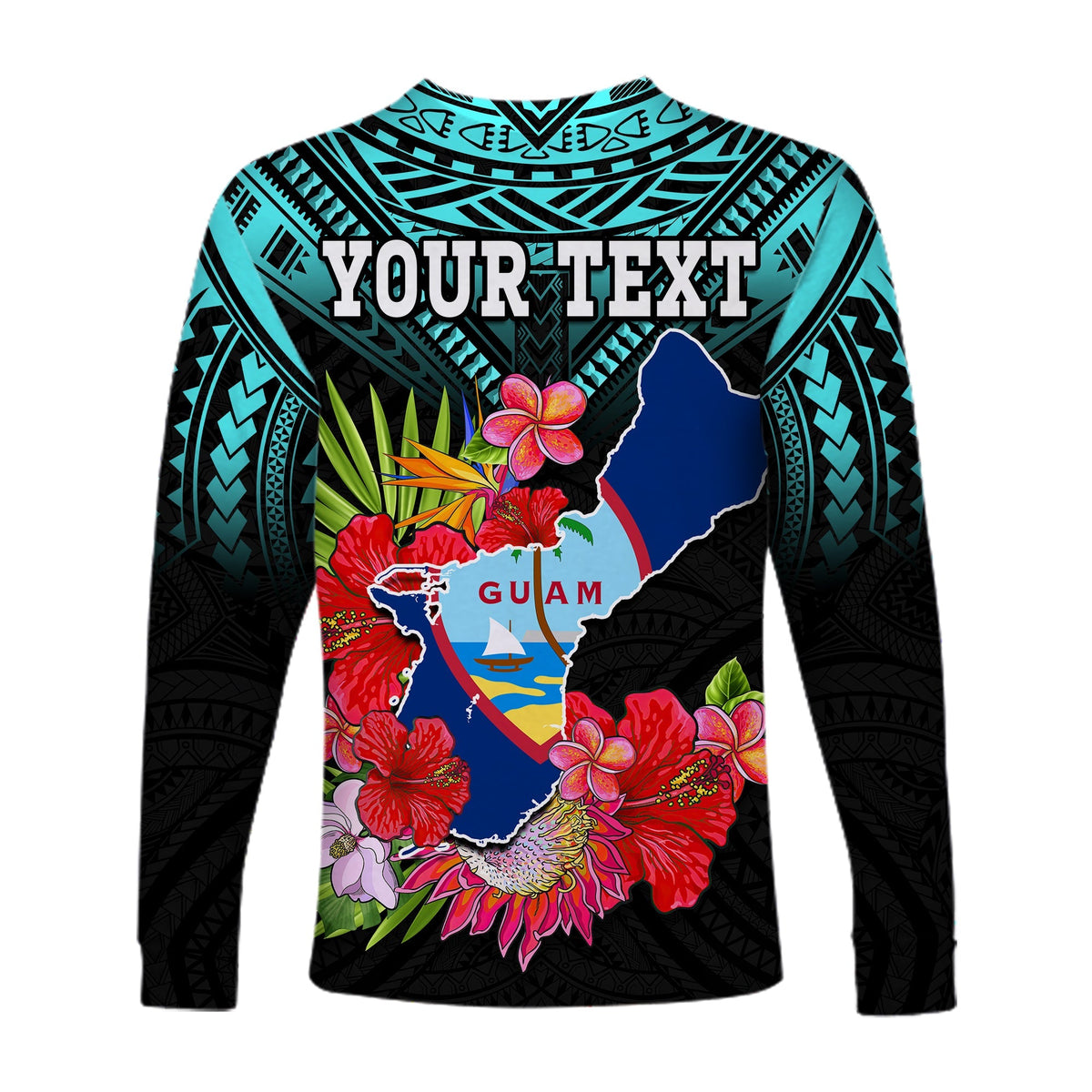Custom Personalised Guam Chamorro Long Sleeve Shirt Guaman Latte Stone Tropical Flowers Turquoise Style - Wonder Print Shop