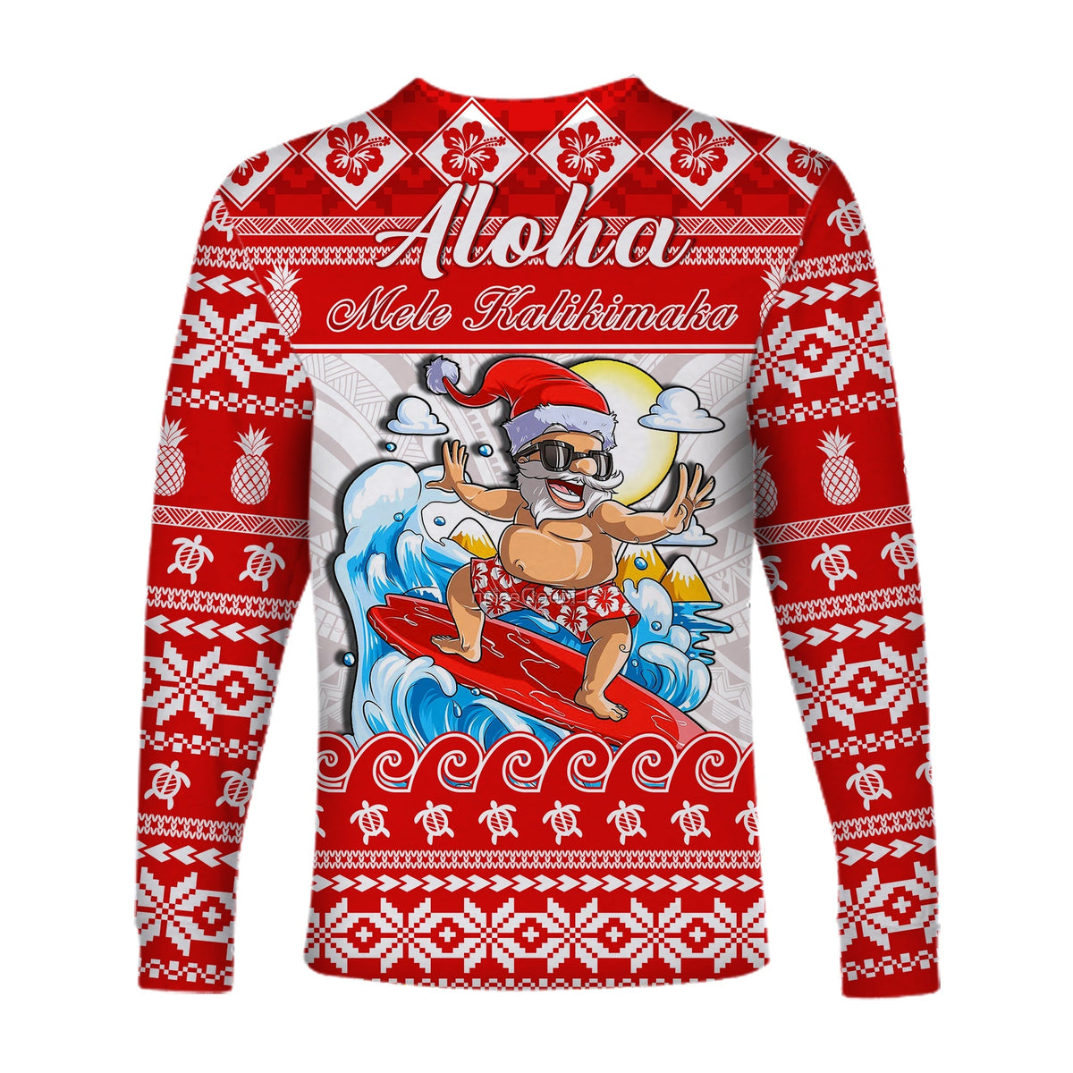 Custom Personalised Hawaii Christmas Long Sleeve Shirt Surfing Santa Mele Kalikimaka Polynesian - Wonder Print Shop