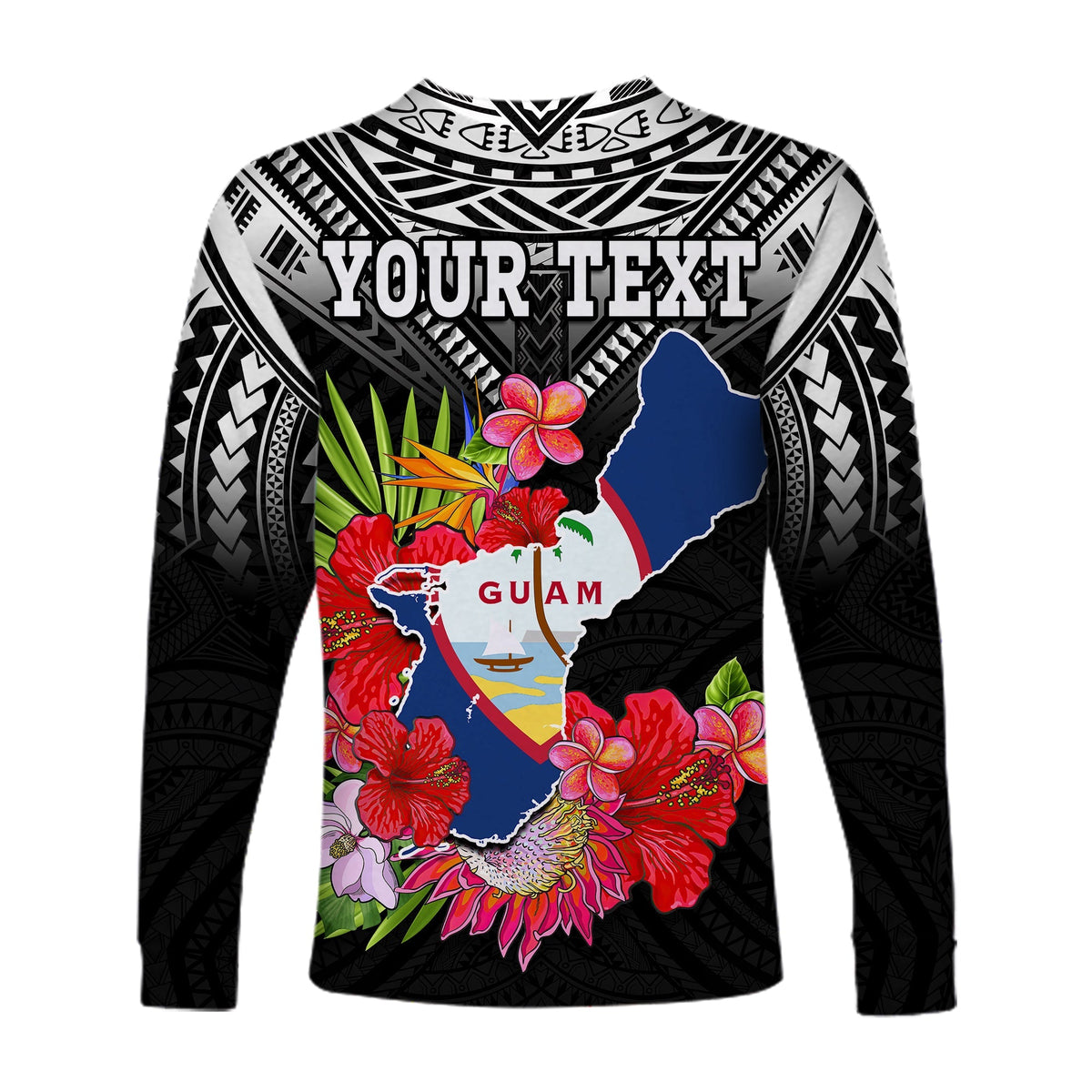 Custom Personalised Guam Chamorro Long Sleeve Shirt Guaman Latte Stone Tropical Flowers Black Style - Wonder Print Shop