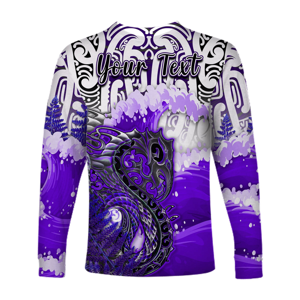 Custom Personalised Manaia Maori Long Sleeve Shirt Fern Aotearoa Purple Waves LT13 - Wonder Print Shop