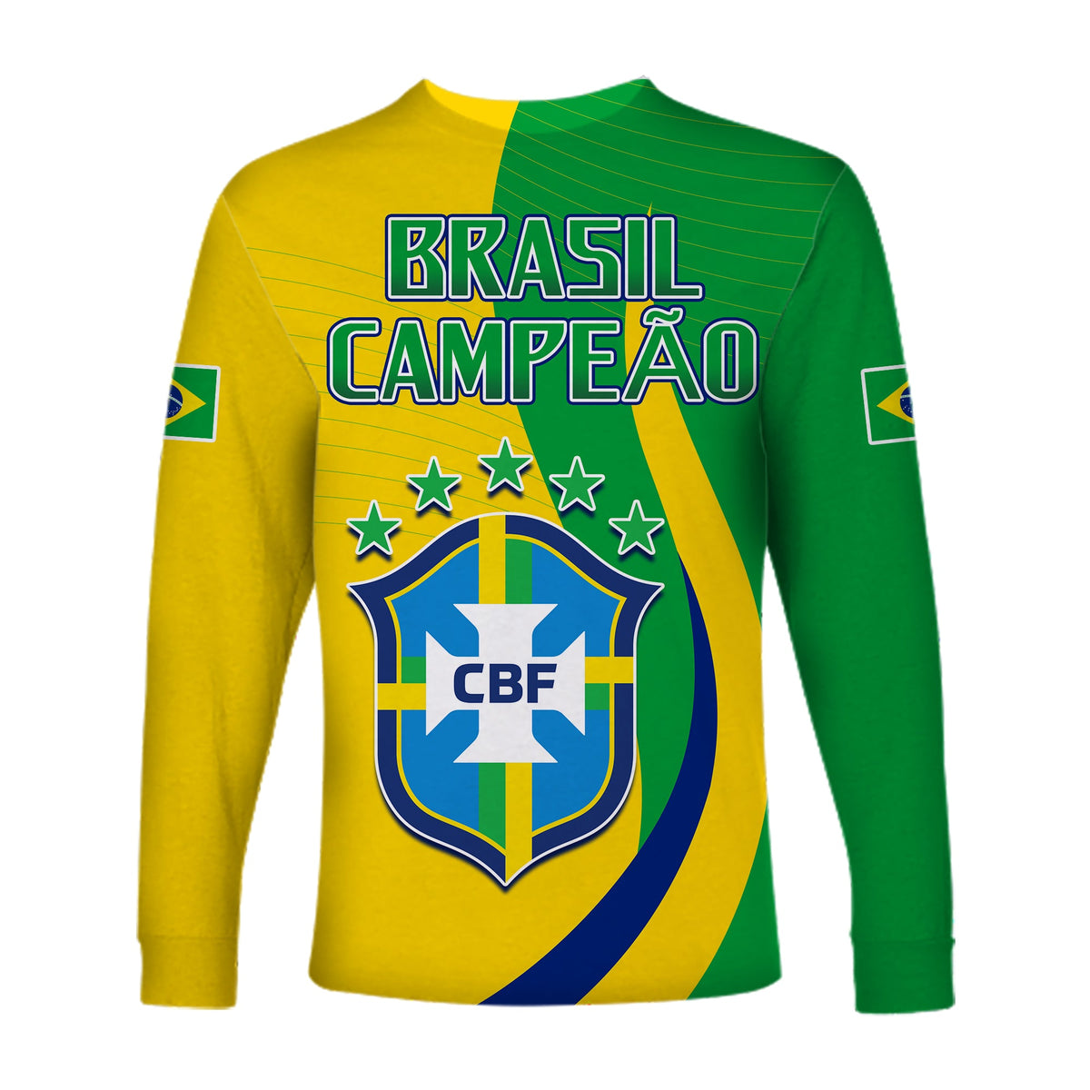 Brazil long sleeve football shirt, yellow and green, BRASIL CAMPEAO print, CBF crest
