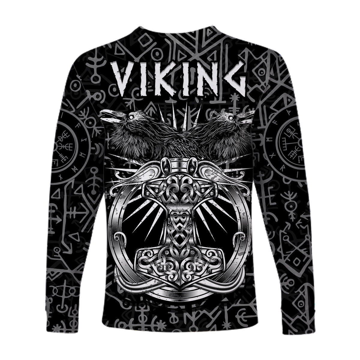 Black long-sleeve T-shirt with Viking runes and large silver Mjolnir hammer emblem
