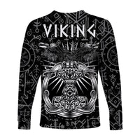 Black long-sleeve T-shirt with Viking runes and large silver Mjolnir hammer emblem