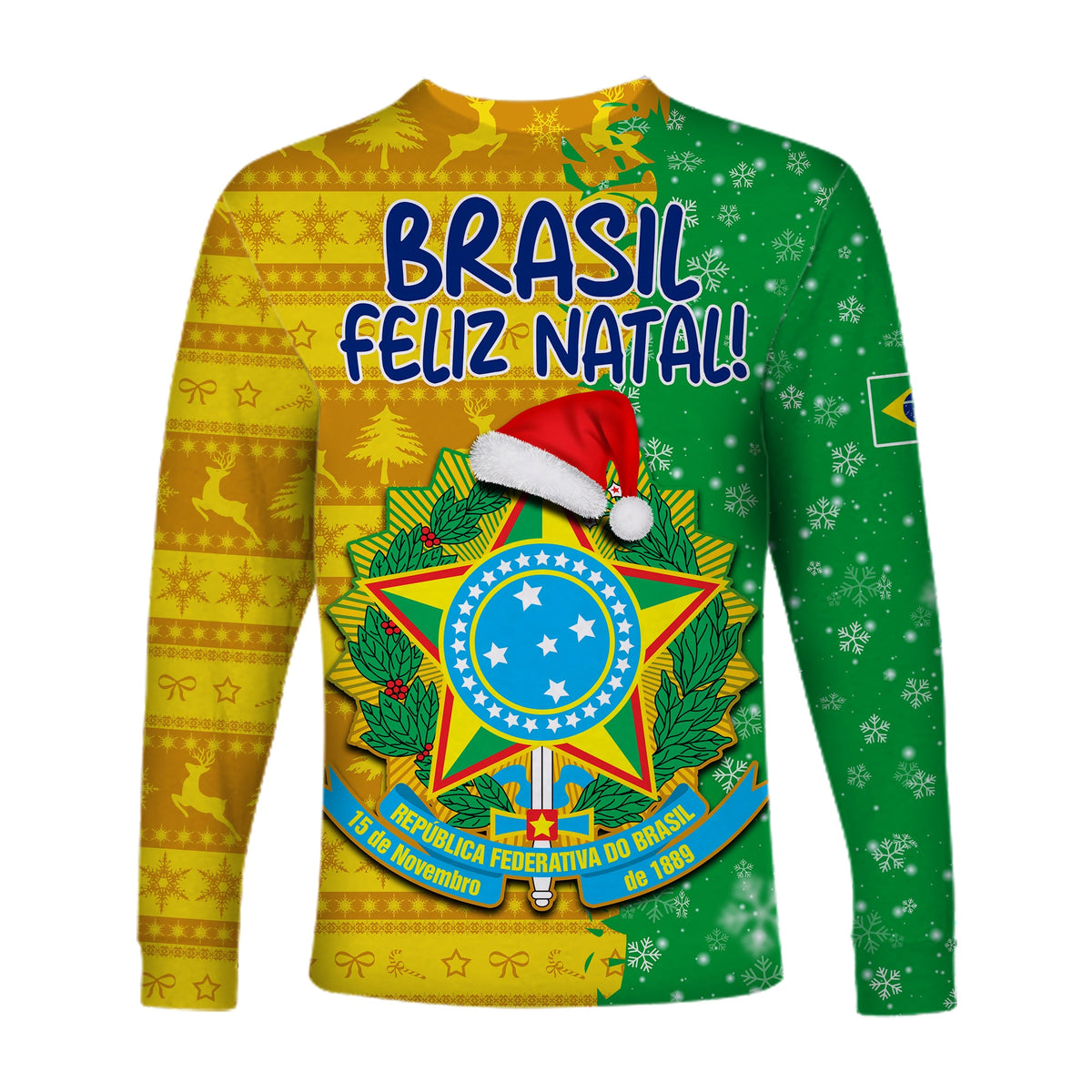 Unisex long sleeve football shirt with 'BRASIL FELIZ NATAL!' crest, green and gold