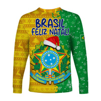Unisex long sleeve football shirt with 'BRASIL FELIZ NATAL!' crest, green and gold