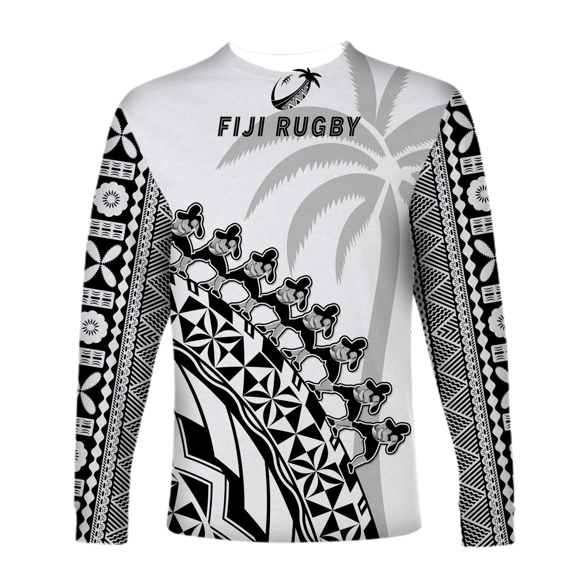 Fiji Rugby Long Sleeve Shirt Fijian Cibi Dance Tapa Pattern White - Wonder Print Shop