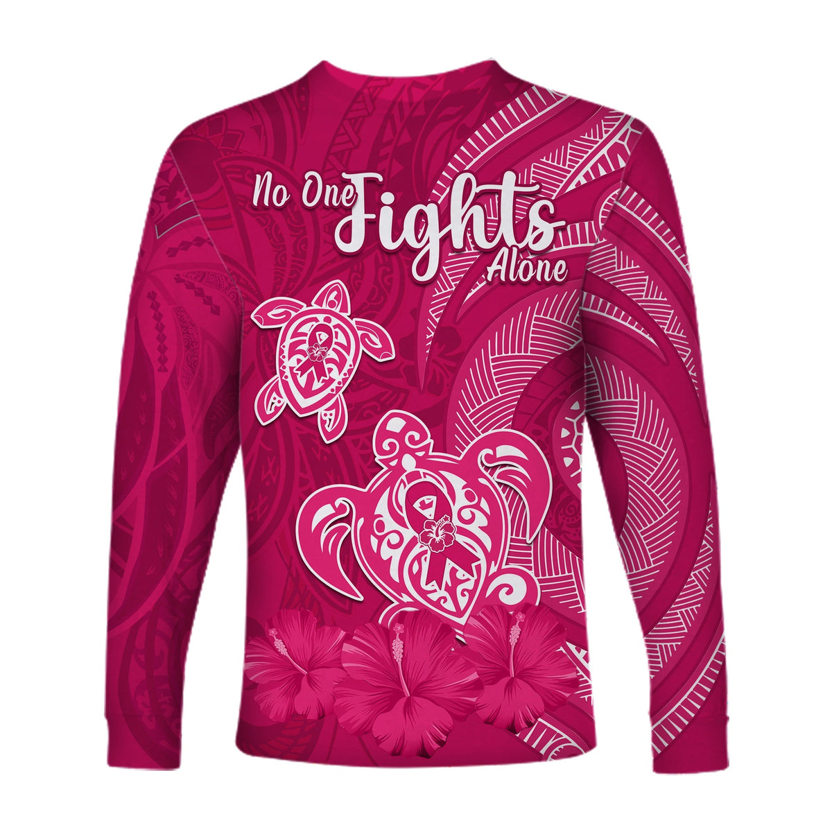 Breast Cancer Awareness Long Sleeve Shirt Hibiscus Polynesian No One Fights Alone LT13 - Wonder Print Shop