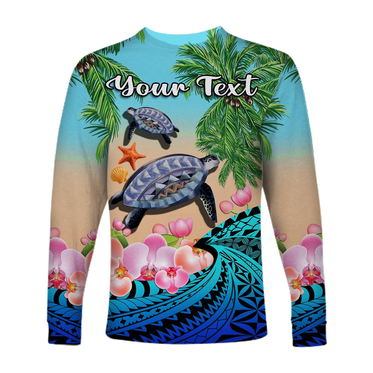 Custom Personalised Polynesian Turtle Coconut Tree And Orchids Long Sleeve Shirt - Wonder Print Shop