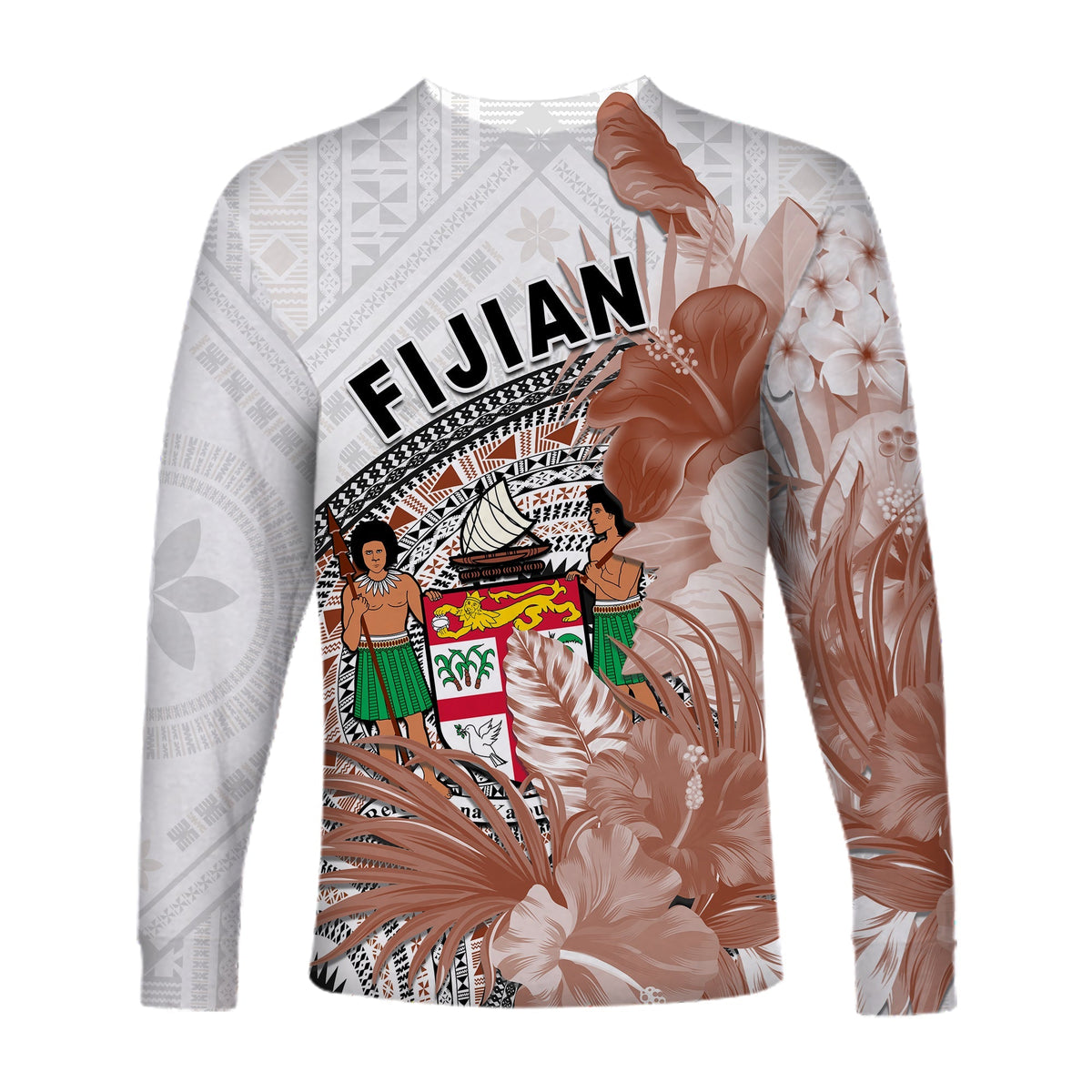 Fiji Tapa Long Sleeve Shirt White Fijian Masi Be Loved Hibiscus LT13 - Wonder Print Shop
