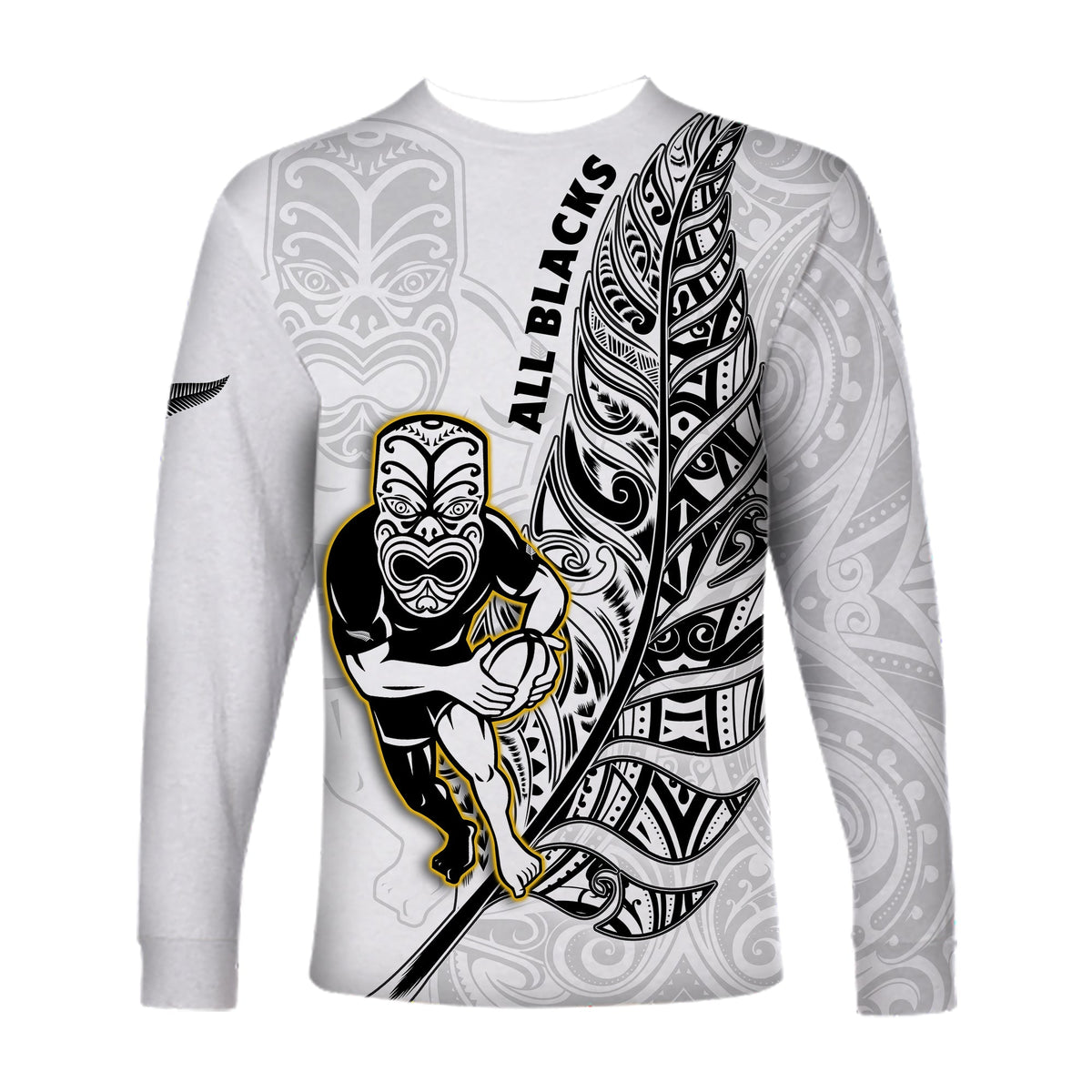 New Zealand 2022 Rugby Long Sleeve Shirt All Black Silver Fern Maori Pattern Version White - Wonder Print Shop