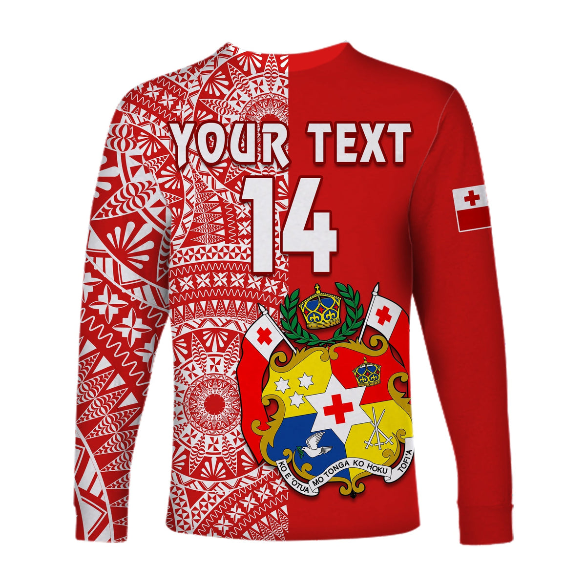 Custom Text And Number Tonga Long Sleeve Shirt Tongan Coat Of Arms Ngatu Pattern - Wonder Print Shop