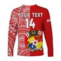 Custom Text And Number Tonga Long Sleeve Shirt Tongan Coat Of Arms Ngatu Pattern - Wonder Print Shop