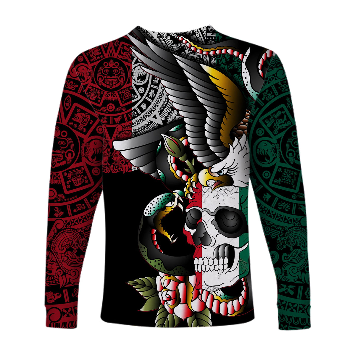 Mexico Long Sleeve Shirt Mexican Skull Eagle With Angry Snake - Wonder Print Shop