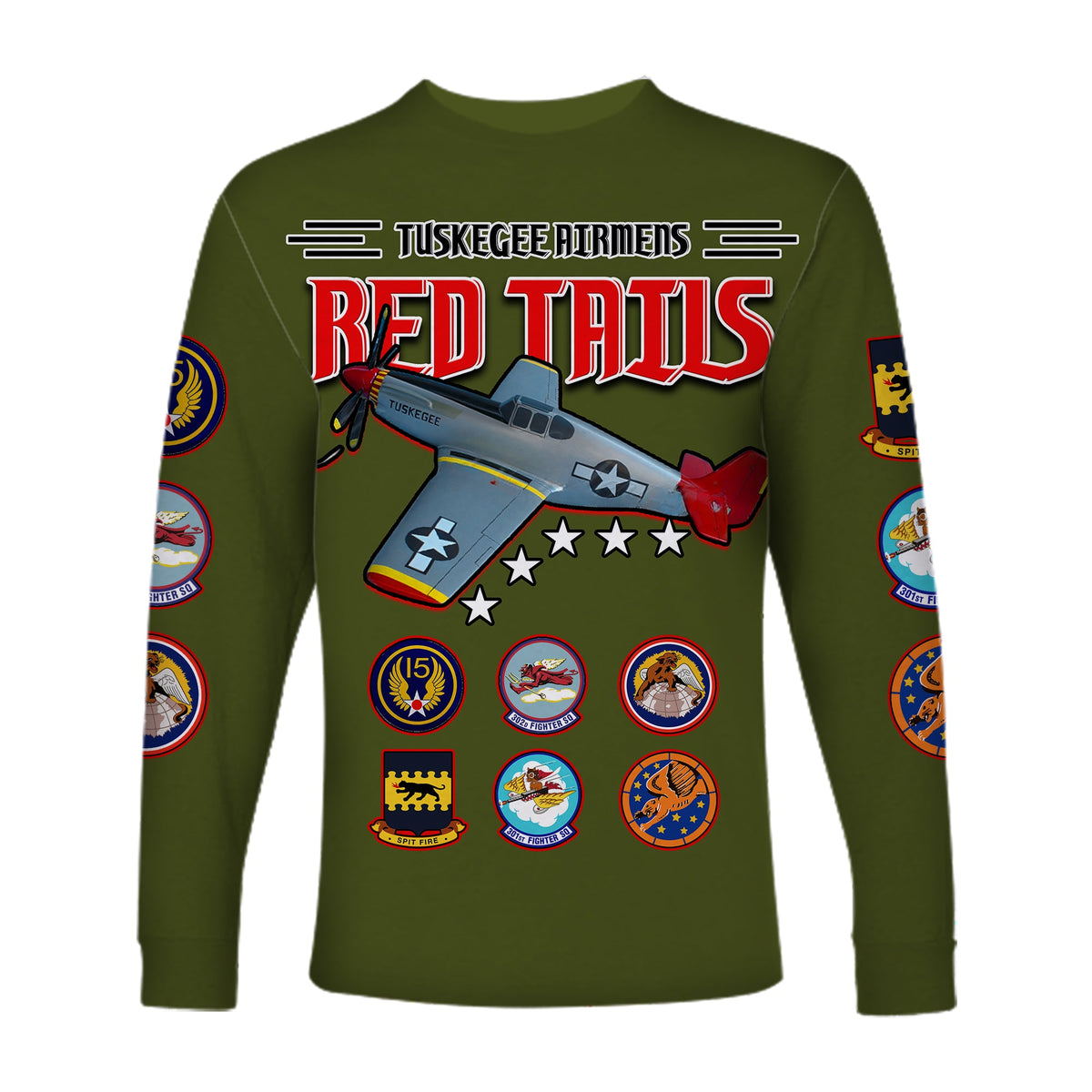(Custom Personalised) Tuskegee Airmen Long Sleeve Shirt US Military Army Green Red Tails LT13 - Wonder Print Shop