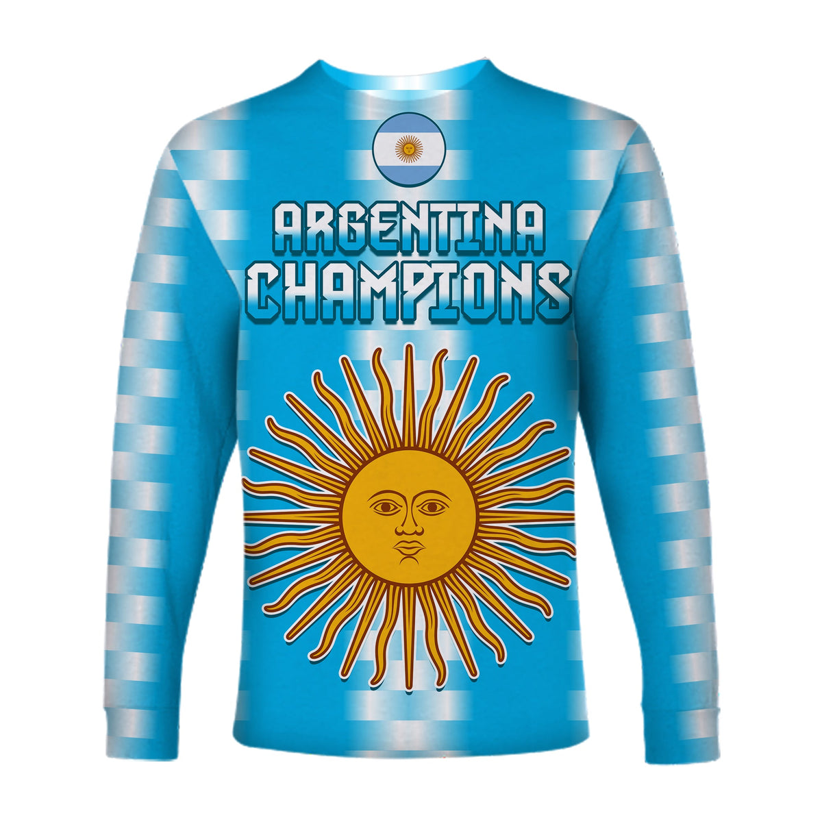 Long sleeve football shirt in blue with white stripes, Argentina Champions text and sun face