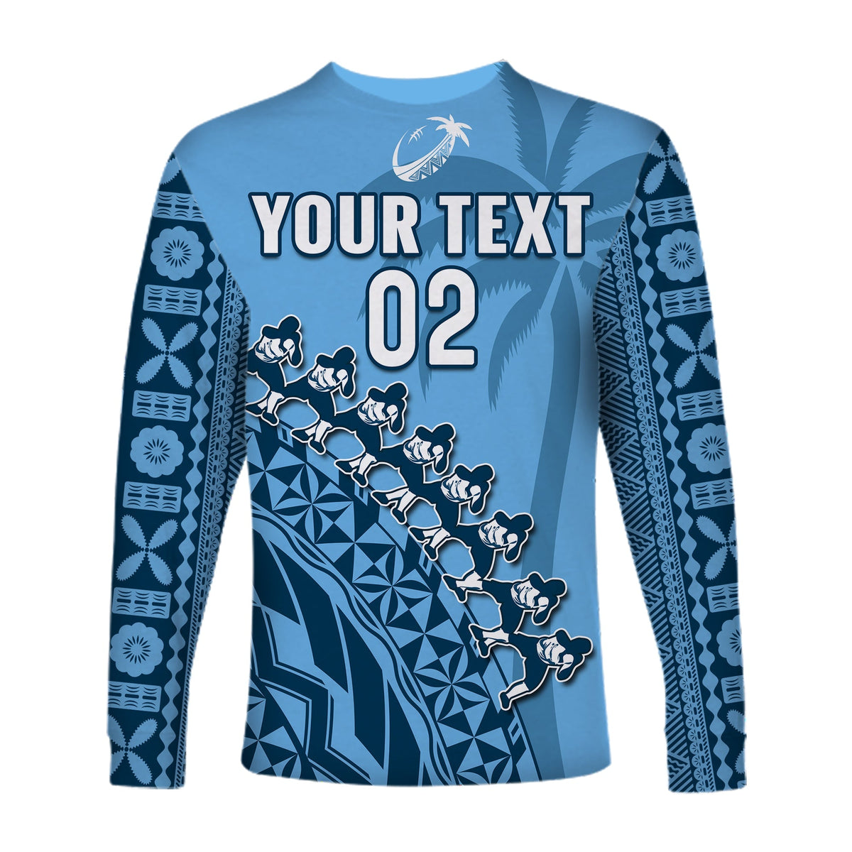 Custom Text And Number Fiji Tapa Rugby Long Sleeve Shirt Fijian Cibi Dance Tapa Pattern Blue - Wonder Print Shop