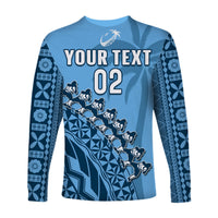 Custom Text And Number Fiji Tapa Rugby Long Sleeve Shirt Fijian Cibi Dance Tapa Pattern Blue - Wonder Print Shop