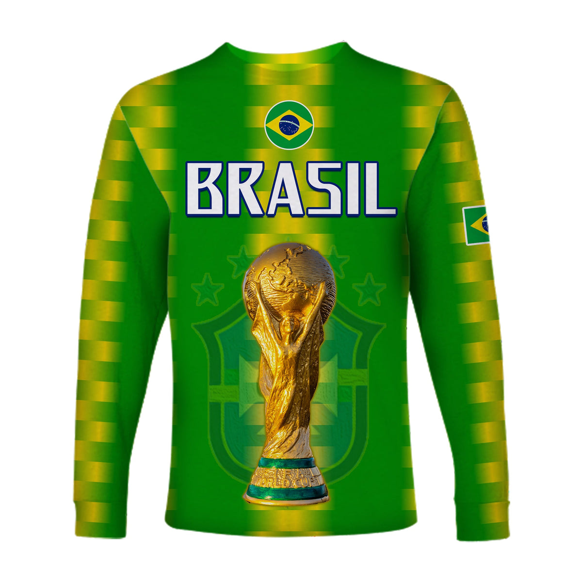 Green long-sleeve Brazil football shirt with BRASIL text, Brazil crest, trophy graphic