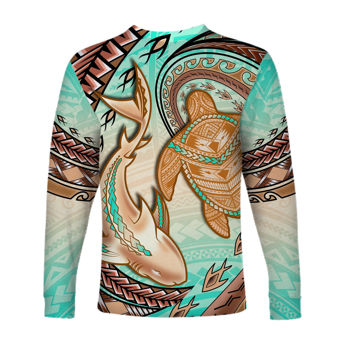 Hawaii Long Sleeve Shirt Polynesian Shark And Sea Turtle Dreamy Turquoise Artsy - Wonder Print Shop