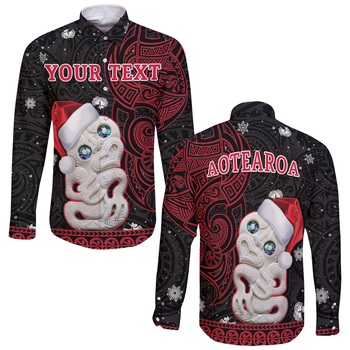 Custom Personalised New Zealand Christmas Long Sleeve Button Shirt Hei Tiki Red Pohutukawa Meri Kirihimete - Wonder Print Shop