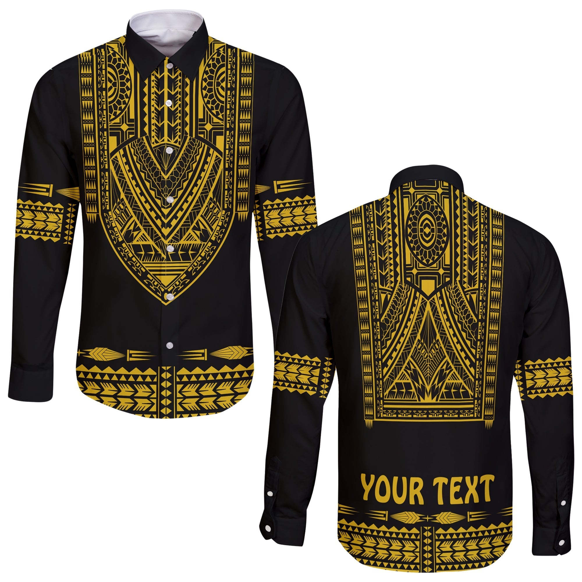 Custom Personalised Polynesian Long Sleeve Button Shirt Dashiki With Polynesian Tattoo Royal Golden Version - Wonder Print Shop