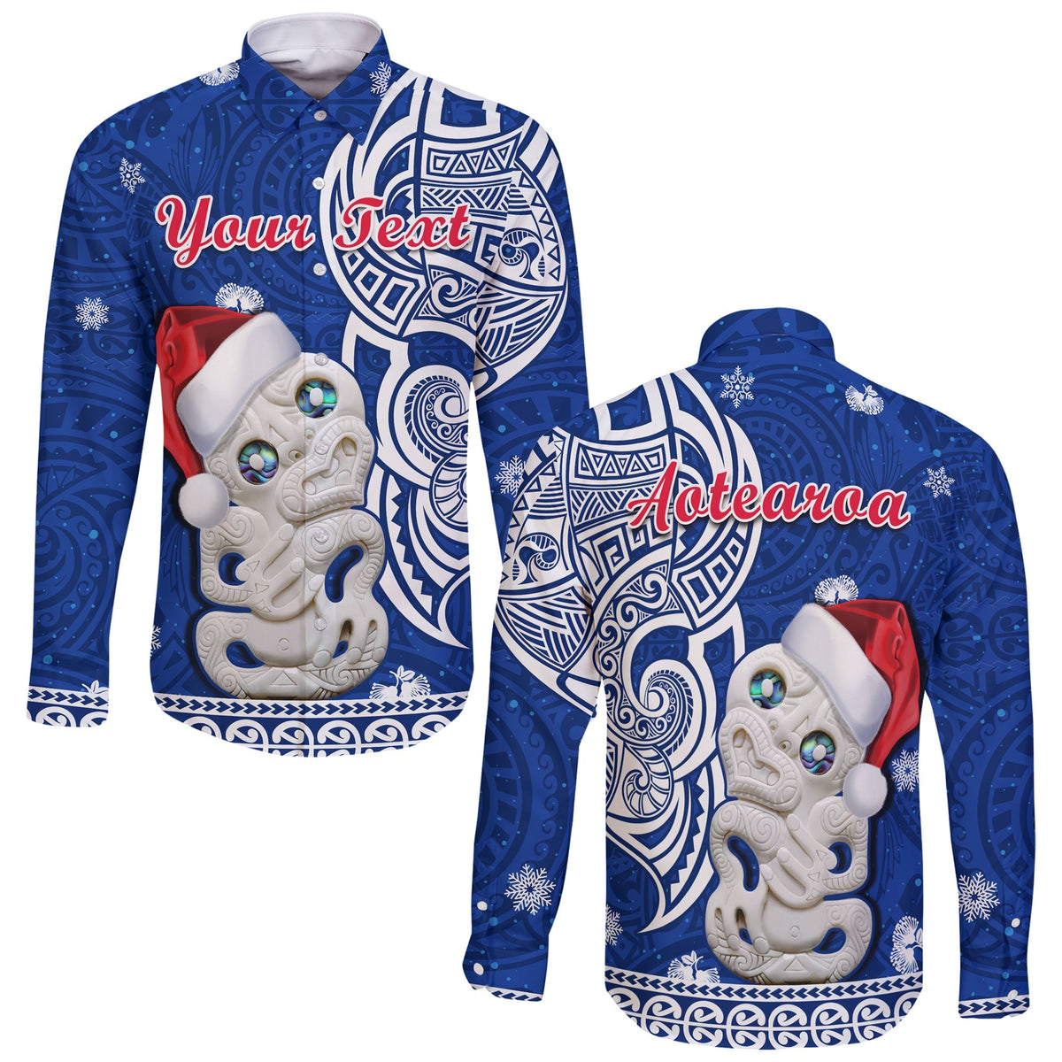 Custom Personalised New Zealand Christmas Long Sleeve Button Shirt Hei Tiki Blue Pohutukawa Meri Kirihimete - Wonder Print Shop